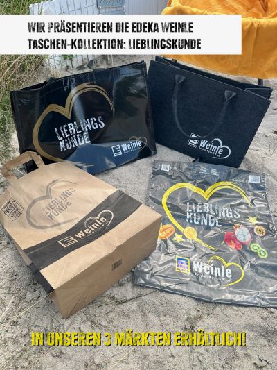4 unterschiedliche Taschen mit dem Aufdruck "Edeka Weinle Lieblingskunde"