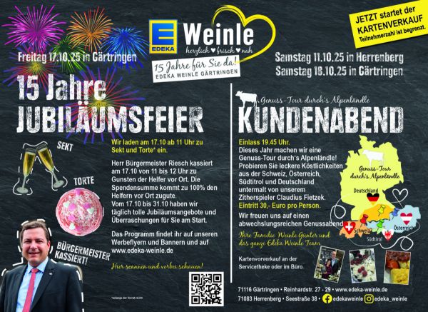 Wir laden am 17.10. ab 11 Uhr in Gärtringen zu Jubiläums-Sekt & Torte ein