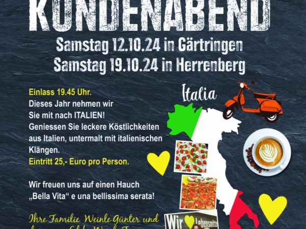 Herzliche Einladung zu unserem italienischen Kundenabend 2024 in Gärtringen und Herrenberg