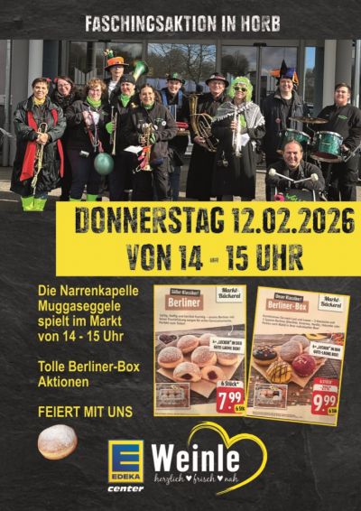 Ein Bild der Narrenkapelle Muggaseggele und der Werbung für die Berliner-Box