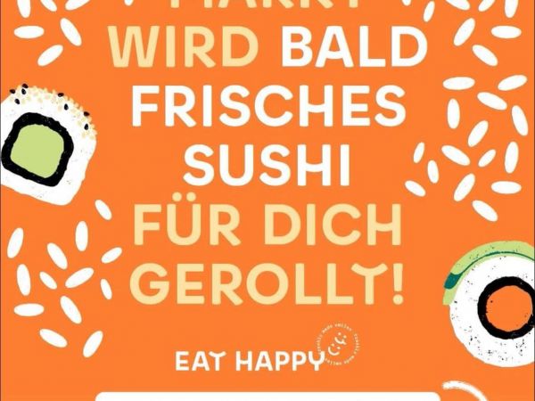 Plakat mit Werbung für frisches Sushi im E Center Weinle in Herrenberg
