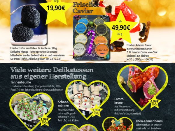 Plakat mit Werbung für weihnachtlihe Delikatessen