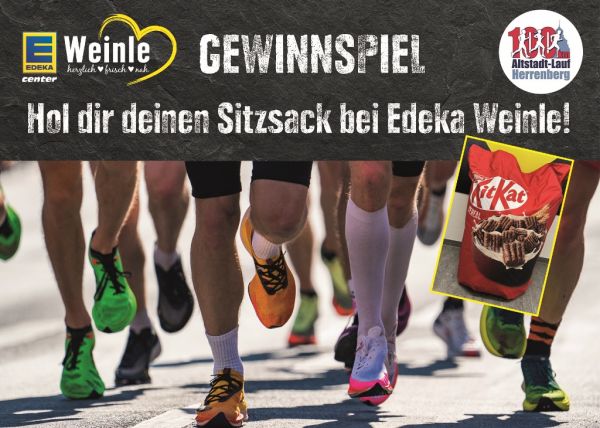 Plakat zum Gewinnspiel beim Altstadtlauf in Herrenberg mit dem Text: "Hol dir deinen Sitzsach bei Edeka Weinle!"